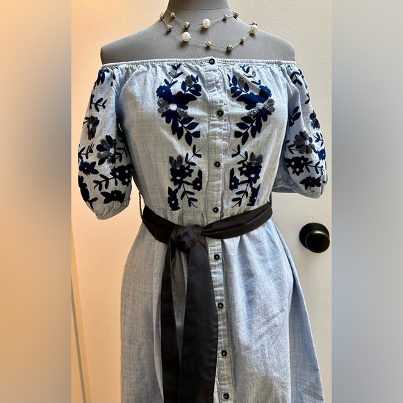 Zara Embroidered Sequinned Blue Dress &  Black Belt - Picture 3 of 16